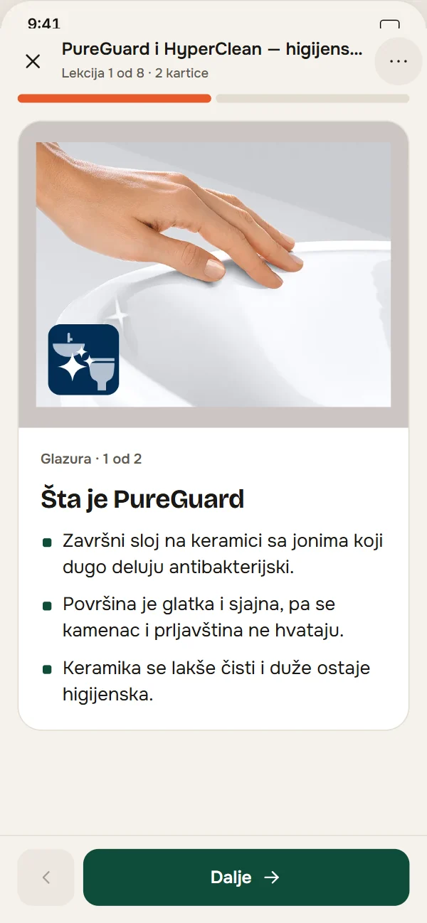 Kartica lekcije sa fotografijom proizvoda i dve ključne brojke