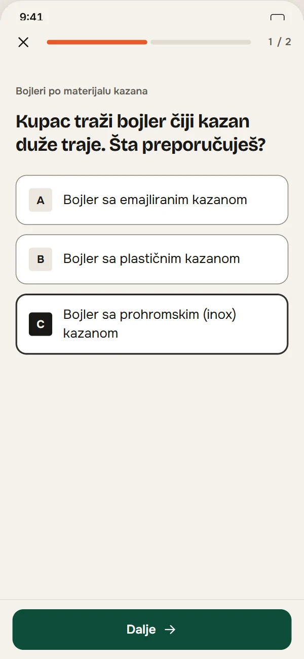 Kviz posle lekcije o bojlerima sa izabranim odgovorom