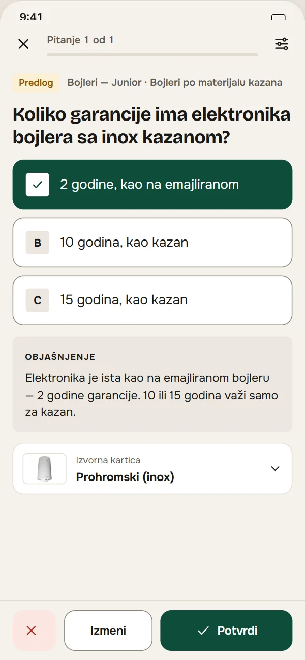 Pregled predloženih pitanja na telefonu: Odbaci, Izmeni, Potvrdi